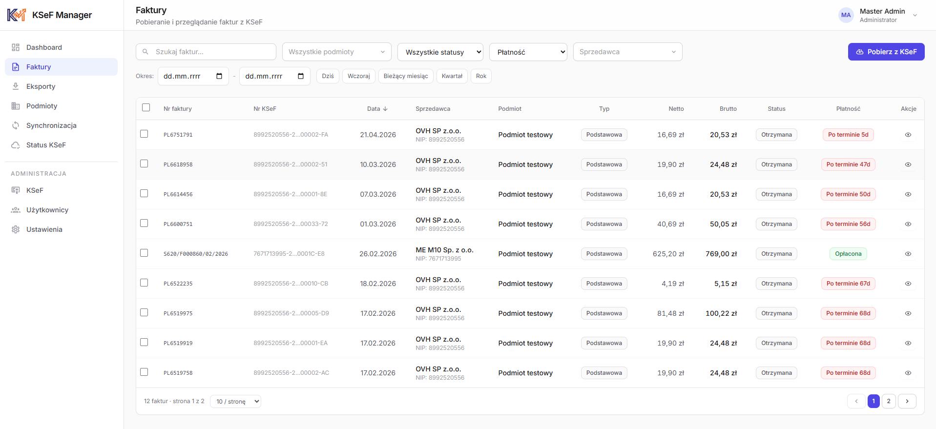 Lista faktur KSeF Manager